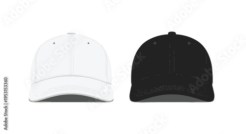 Two baseball caps, one white and one black, are shown side-by-side in a front-facing illustration against a plain white background.