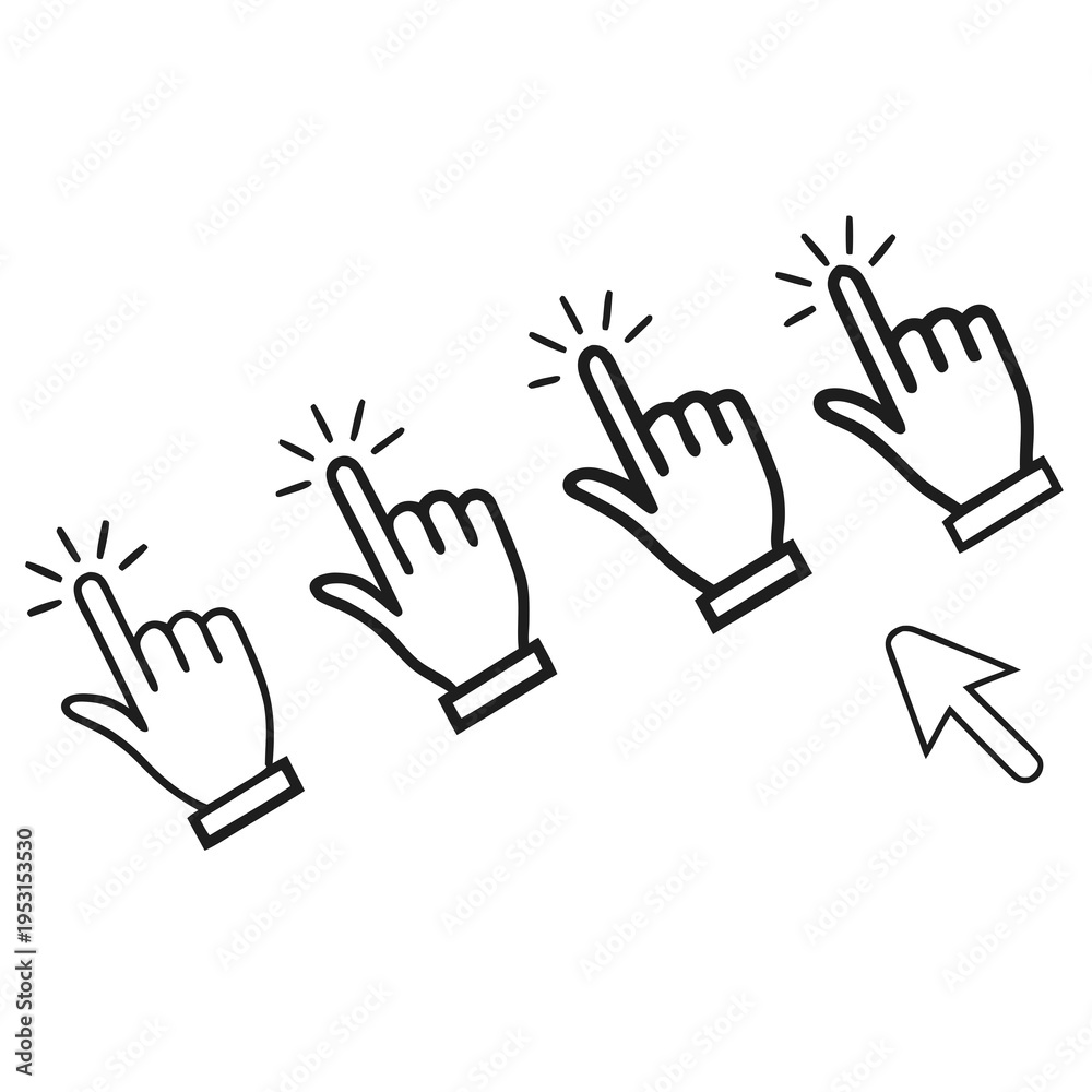 Fototapeta premium Computer cursor hand pointer clicking icons set on white background for user interface design and web navigation elements with black line graphics