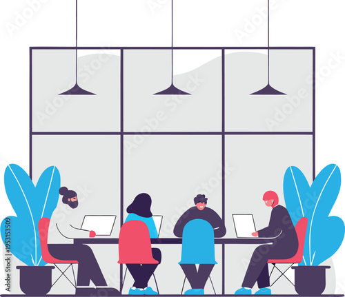 People sitting at a table with laptops in front of a window