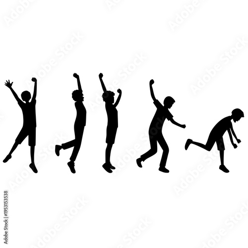Joyful black silhouette of a kid jumping and running with arms raised, celebrating success on an isolated white background