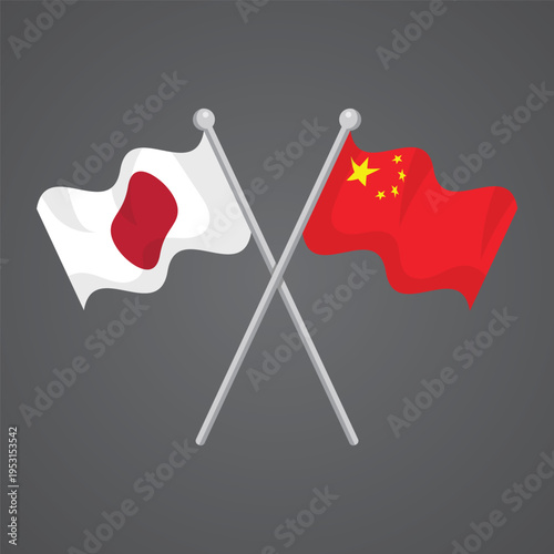 Crossed Japan and China flags on silver poles for east asian diplomatic relations and official partnership