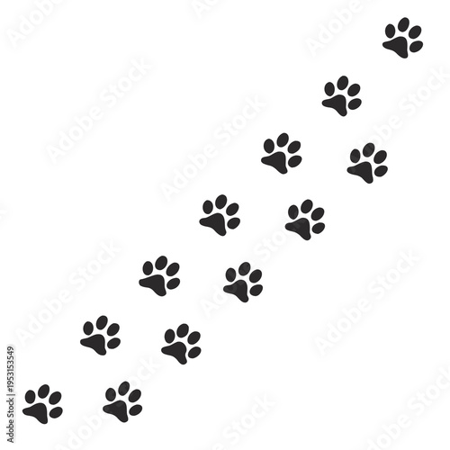 Multiple scattered black animal paw prints walking diagonally across a clean white background, simple vector illustration