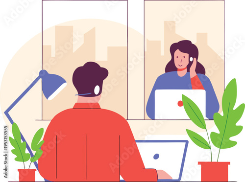 Remote worker video calling colleague on laptop computer at home office