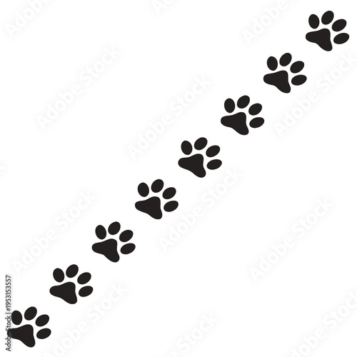 Single line of black animal paw prints walking diagonally across a clean white background, simple vector illustration