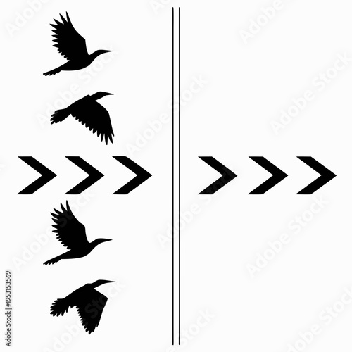 Decorative layout with flying bird silhouettes and chevron arrows separated by vertical lines for symmetrical pattern design and creative projects