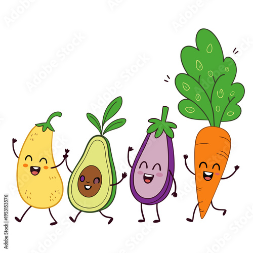 Cheerful cartoon vegetables like eggplant avocado and carrot having fun together a group of smiling and dancing healthy food characters in a lively and happy cartoon style