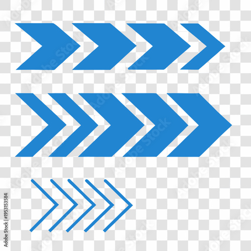 Multiple rows of blue chevron arrows pointing right symbolizing direction progress and movement in a clean and organized graphic design set against transparent background