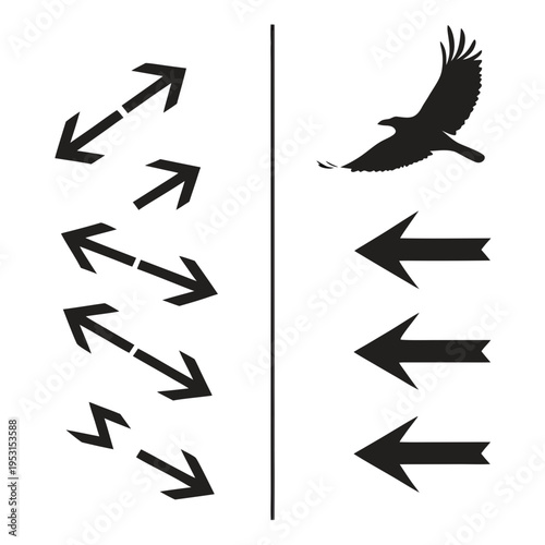 Black silhouette collection featuring various arrow styles and flying crow divided by central line for navigation and wildlife design compositions