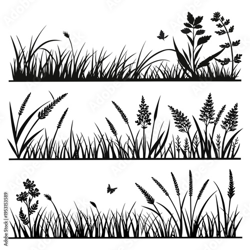 Detailed horizontal grass borders with butterfly and wildflower silhouettes for natural landscape backgrounds and botanical vector design templates