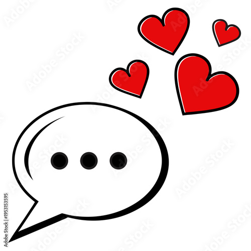 White oval speech bubble with three black dots and four flying red heart symbols illustrating romantic messages and affection