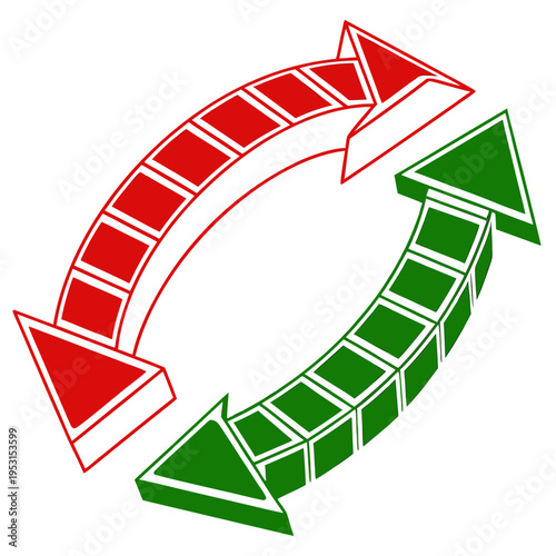 Two three dimensional arched arrows forming a circular refresh or reload symbol, red and green, with internal outline segments
