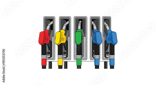 Five vibrantly colored fuel pump nozzles are neatly arranged in a row within their respective pump holsters.