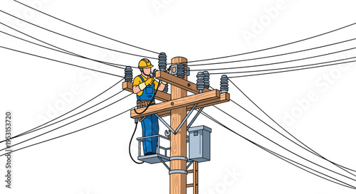 A utility worker in safety gear is actively repairing components on a wooden power pole with numerous electrical lines.