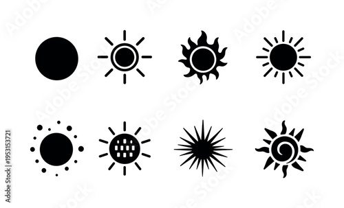 Collection of diverse sun icons representing different styles and forms of the celestial body