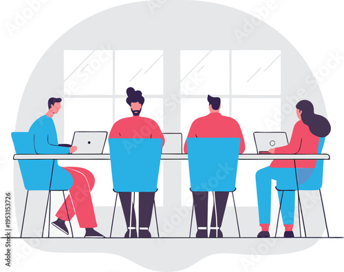 Four people sitting at a table with laptops in front of a large window  office coworkers working together