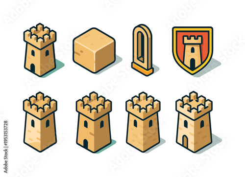 Collection of isometric castle towers and related architectural elements in a flat design style