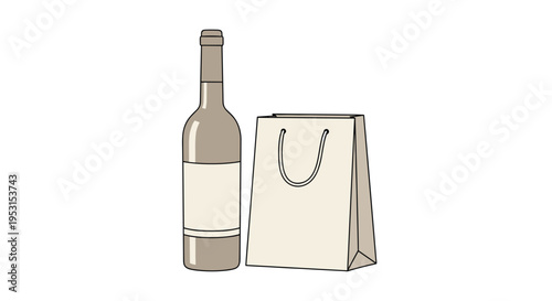 A tall, slender wine bottle with a blank label stands beside a simple paper gift bag on a white background.