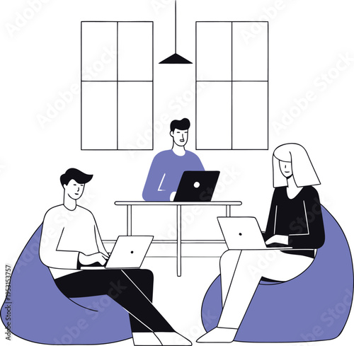 People sitting on bean bags using laptops in office space