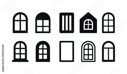 Collection of diverse black window icons and silhouettes on a white background