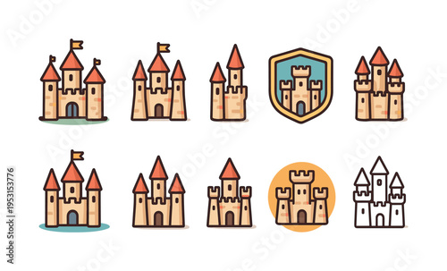Collection of stylized cartoon castles and fortresses in various designs and colors