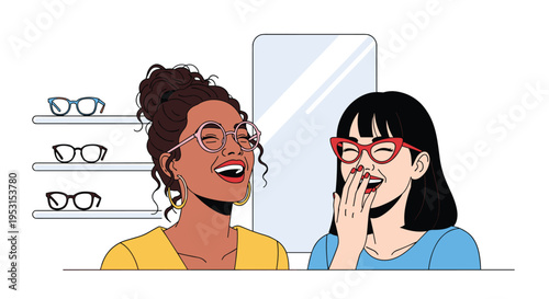 Two diverse women wearing different eyeglasses are laughing heartily in an optician's shop with glasses displayed on shelves.