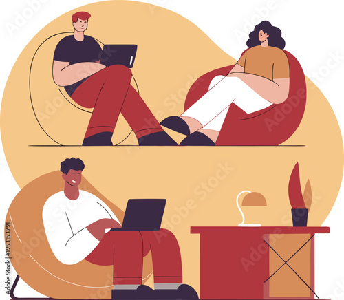 People working remotely on laptops in bean bag chairs at home