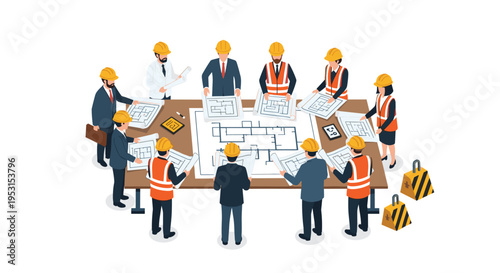 Ten construction workers and architects in hard hats review blueprints around a large table.