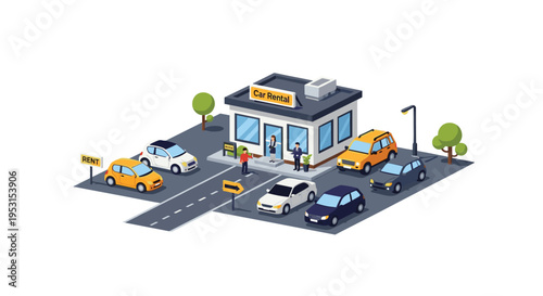 An isometric illustration shows a car rental office with various cars parked around it and two people at the counter.
