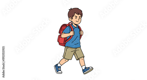 A young boy with a red backpack is walking forward against a plain white background.
