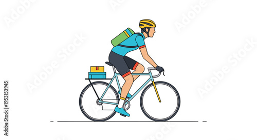 A male cyclist in a blue and black uniform is riding a bicycle with packages on the rear rack.