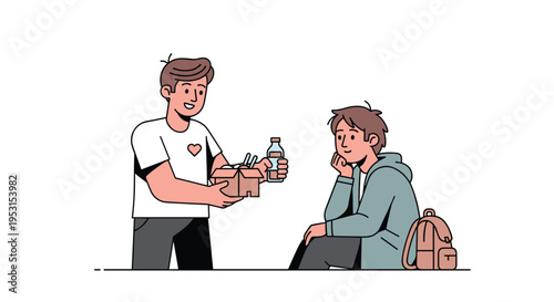A male volunteer is offering a box of food and a water bottle to another male sitting on the ground.