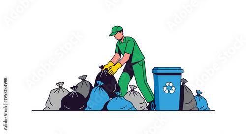 A male sanitation worker in a green uniform is collecting trash bags next to a blue recycling bin.