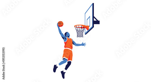 A male basketball player in an orange and blue uniform is dunking a basketball into a hoop.