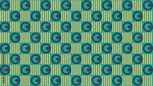Retro Circle and Stripe Seamless Pattern in Teal and Beige
