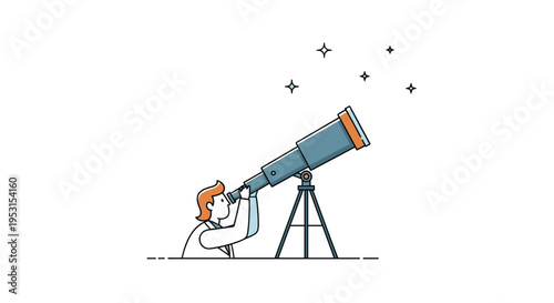 A person looks through a large blue telescope mounted on a tripod with stars in the background.