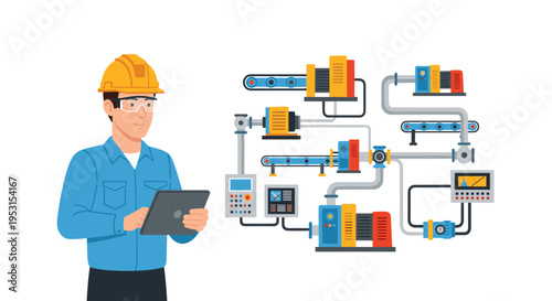 An engineer with a yellow hard hat holds a tablet next to intricate industrial machinery on a light grey-blue background.