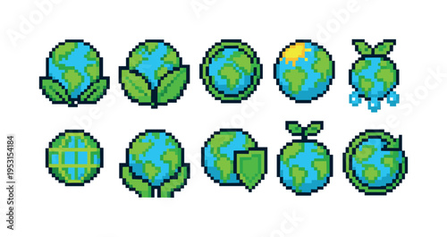 Pixel art icons of planet Earth with various environmental and ecological themes