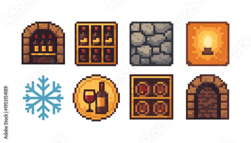 Pixel art icons for game assets: fireplace, wine rack, stone wall, lamp, snowflake, wine, barrels