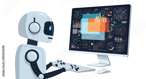 A white robot with headphones sits at a desk, typing on a keyboard and looking at a computer monitor displaying data visualizations.