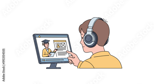 A young person with headphones points at a desktop computer screen displaying an online learning platform with an instructor.