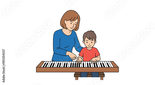 A female figure in a blue shirt guides a young boy in a red t-shirt playing an electronic keyboard.