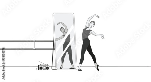 A female dancer in dark attire practices a ballet pose in front of a mirror with a reflection, a barre, and a boombox.