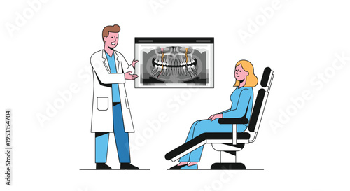 A male dentist in a white lab coat gestures towards a dental X-ray screen while a female patient sits in a dental chair.