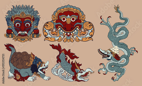 Floral and Mythical Monster Illustration Pack Inspired by Javanese Balinese Art