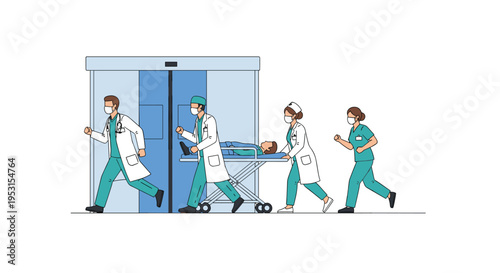 A medical team of four doctors and nurses rushes a patient on a stretcher out of a hospital entrance.