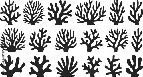 Black Coral and Seaweed Silhouette Icon Set Isolated on White Background for Underwater Reef Nature Design and Marine Vector Graphics