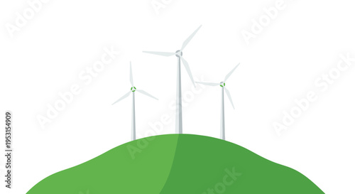 Three white wind turbines with three blades each stand on a green rolling hill against a plain white background.