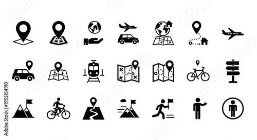 a collection of navigation and travel icons illustrating routes locations and adventure for digital design projects.