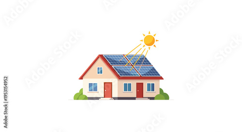 A two-story house with a red roof is covered with blue solar panels, with yellow sun rays shining on them.