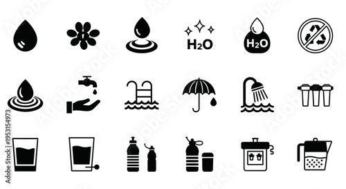 diverse set of water icons showcasing hydration purification conservation and leisure activities ideal for web and print media